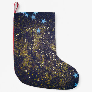 Gold Glitzer und glitzernde blaue Sterne auf schwa Kleiner Weihnachtsstrumpf