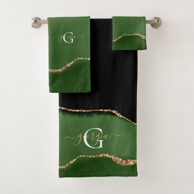 Gold-Glitzer und Green-Agate-Monogramm Badhandtuch Set (Insitu)