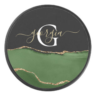Gold-Glitzer und Green-Agate-Monogramm Eishockey Puck