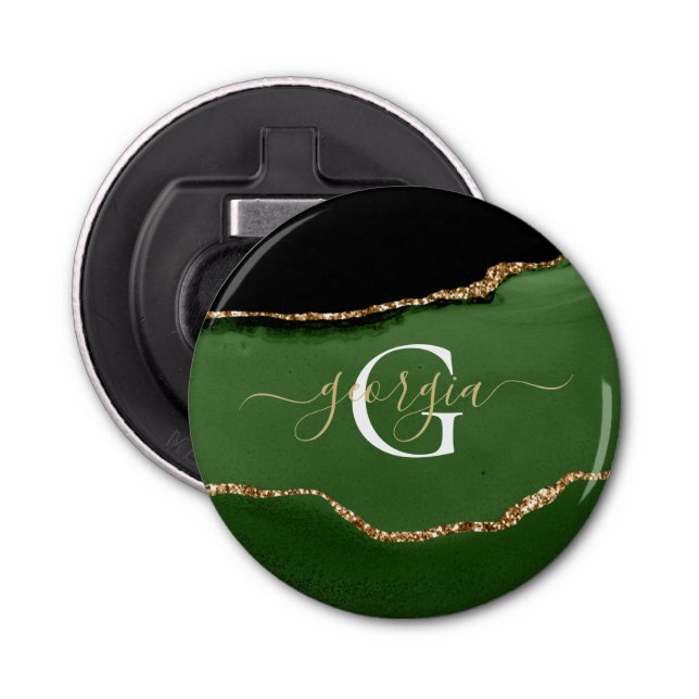 Gold-Glitzer und Green-Agate-Monogramm Flaschenöffner (Vorderseite)