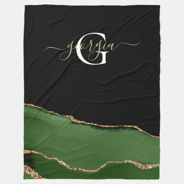 Gold-Glitzer und Green-Agate-Monogramm Fleecedecke (Vorderseite)