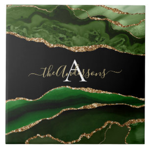 Gold-Glitzer und Green-Agate-Monogramm Fliese