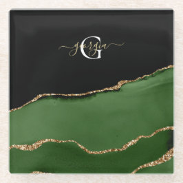Gold-Glitzer und Green-Agate-Monogramm Glasuntersetzer