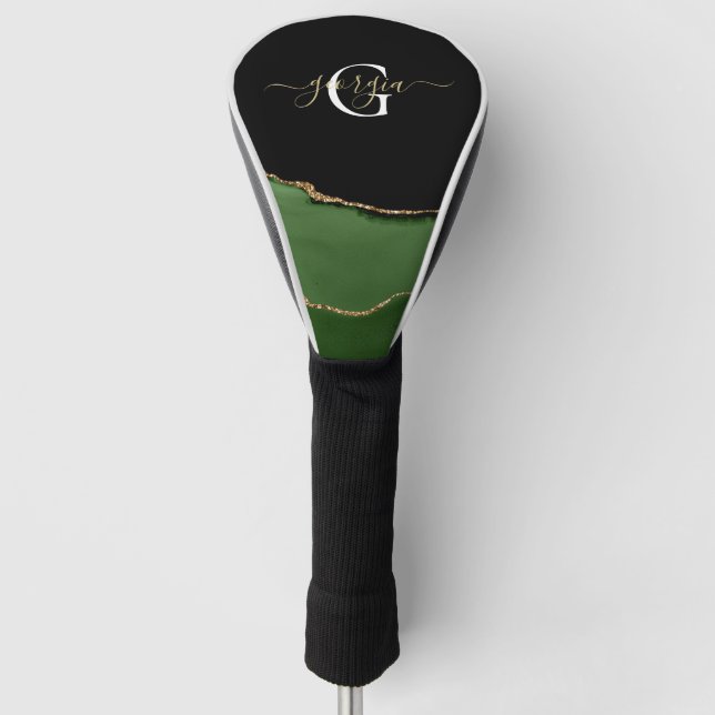 Gold-Glitzer und Green-Agate-Monogramm Golf Headcover (Vorderseite)