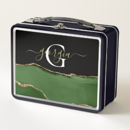 Gold-Glitzer und Green-Agate-Monogramm Metall Brotdose