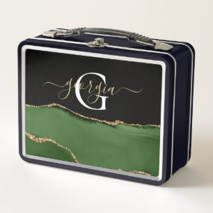 Gold-Glitzer und Green-Agate-Monogramm Metall Brotdose