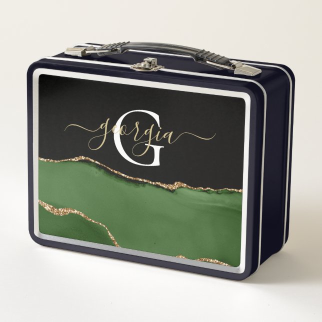Gold-Glitzer und Green-Agate-Monogramm Metall Brotdose (Vorderseite)