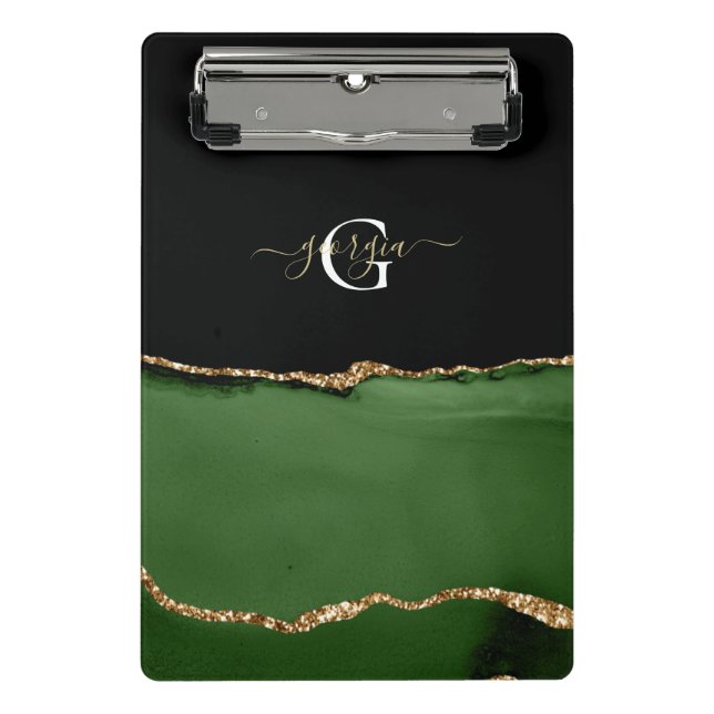 Gold-Glitzer und Green-Agate-Monogramm Mini Klemmbrett (Vorderseite)