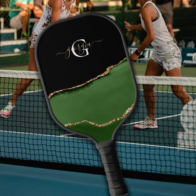 Gold-Glitzer und Green-Agate-Monogramm Pickleball Schläger (Von Creator hochgeladen)
