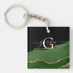 Gold-Glitzer und Green-Agate-Monogramm Schlüsselanhänger