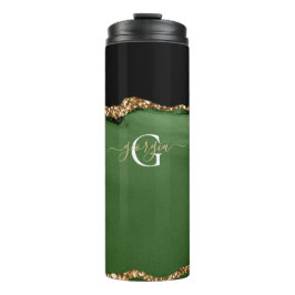 Gold-Glitzer und Green-Agate-Monogramm Thermosbecher