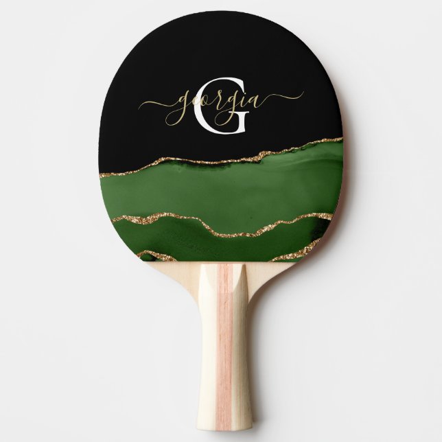 Gold-Glitzer und Green-Agate-Monogramm Tischtennis Schläger (Vorderseite)