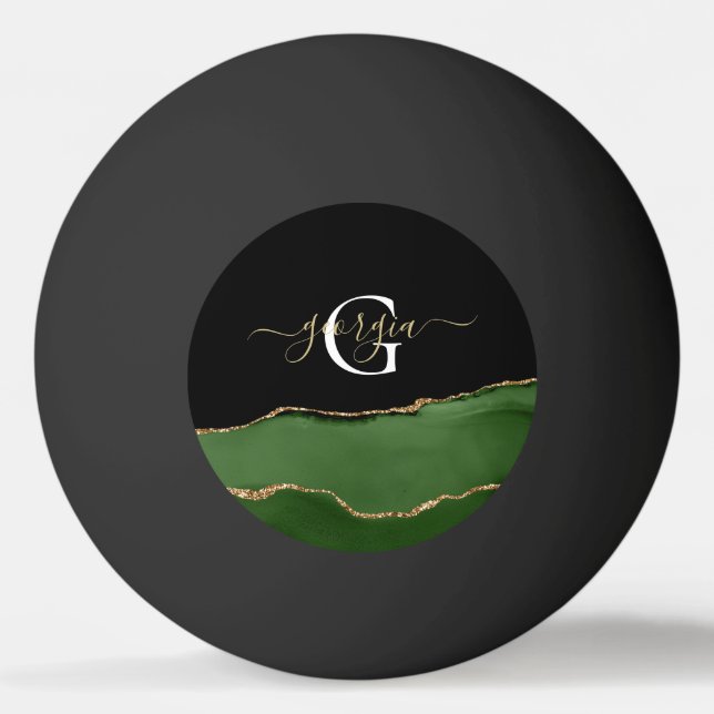 Gold-Glitzer und Green-Agate-Monogramm Tischtennisball (Vorderseite)