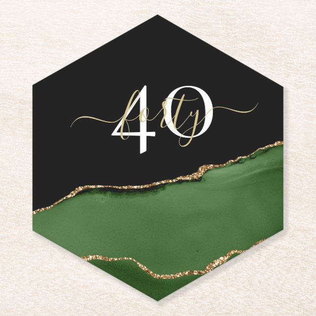 Gold-Glitzer und Green-Agate-Monogramm Untersetzer (Vorderseite)