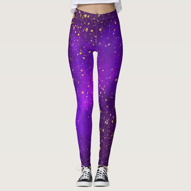 Gold Glitzer und Lila Galaxien-Leggings Leggings (Vorderseite)