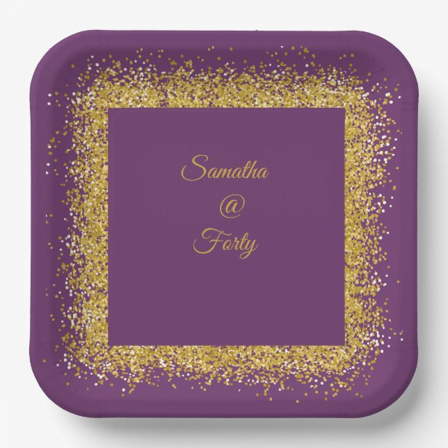 Gold Glitzer und lila Papierplatte zum 40. Geburts Pappteller (Vorderseite)