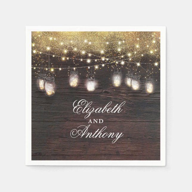 Gold Glitzer und Mason Jar Lights Rustikal Serviette (Vorderseite)