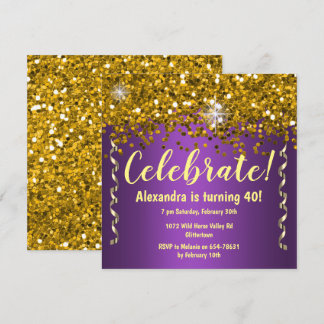 Gold Glitzer und Metallic Lila 40. Geburtstag Einladung