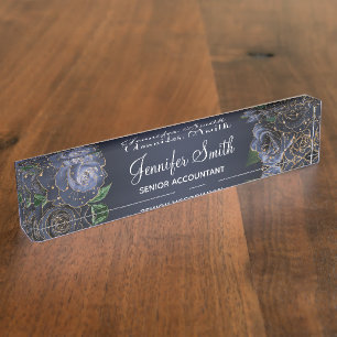 Gold Glitzer und Navy Blue Glam Rose Namensplakette
