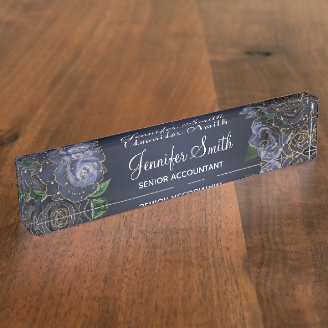 Gold Glitzer und Navy Blue Glam Rose Namensplakette (Seite)