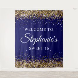 Gold Glitzer und Navy Blue Willkommen im Sweet 16 Wandteppich