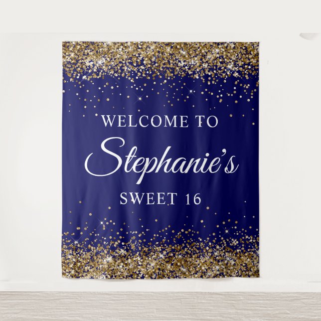Gold Glitzer und Navy Blue Willkommen im Sweet 16 Wandteppich (Vorderseite)