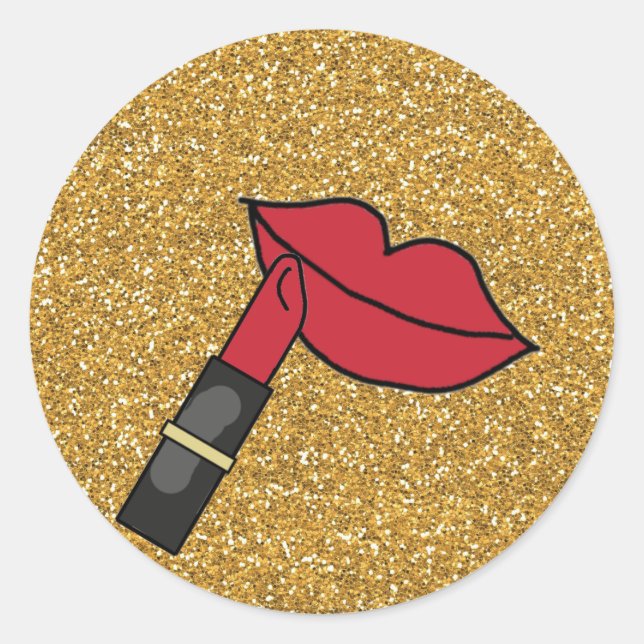 Gold Glitzer und REd Lippen mit Lipstick Runder Aufkleber (Vorderseite)