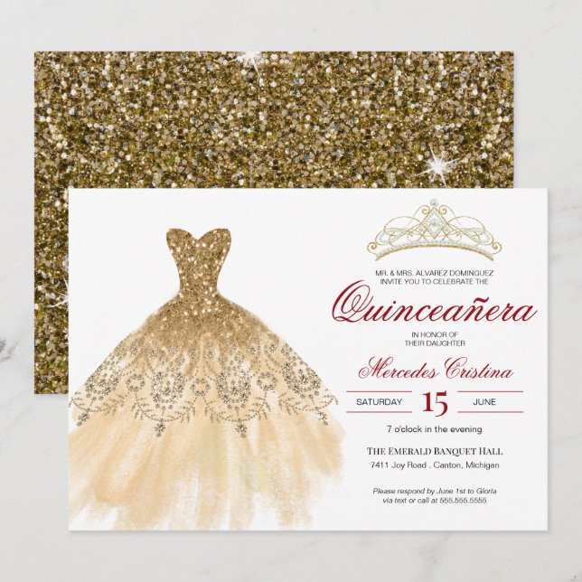 Gold Glitzer und Red Simple Elegante Quinceñera Einladung (Vorne/Hinten)