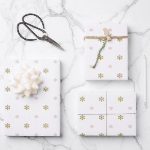 Gold Glitzer und rosa Schneeflocken Weihnachten Geschenkpapier Set