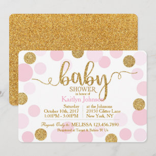 Gold Glitzer und rosafarbene Dots Baby Dusche Einladung