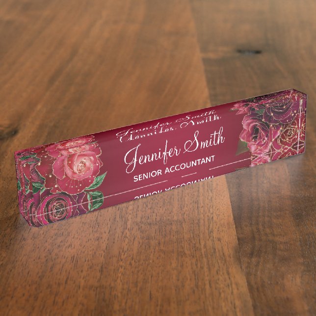 Gold Glitzer und Rote Glam Rose Namensplakette (Seite)