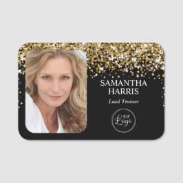 Gold-Glitzer und Schwarzes Logo und Foto Namensschild