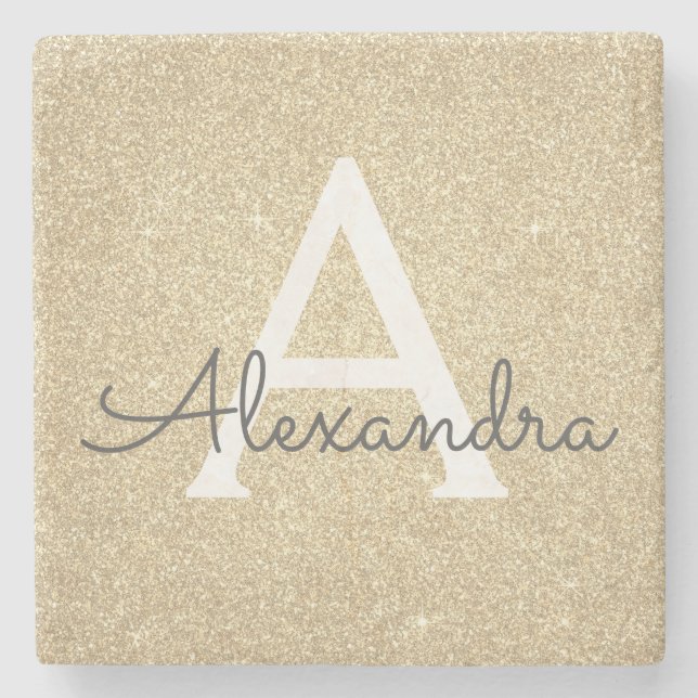 Gold-Glitzer und Sparkle-Monogramm Steinuntersetzer (Vorderseite)