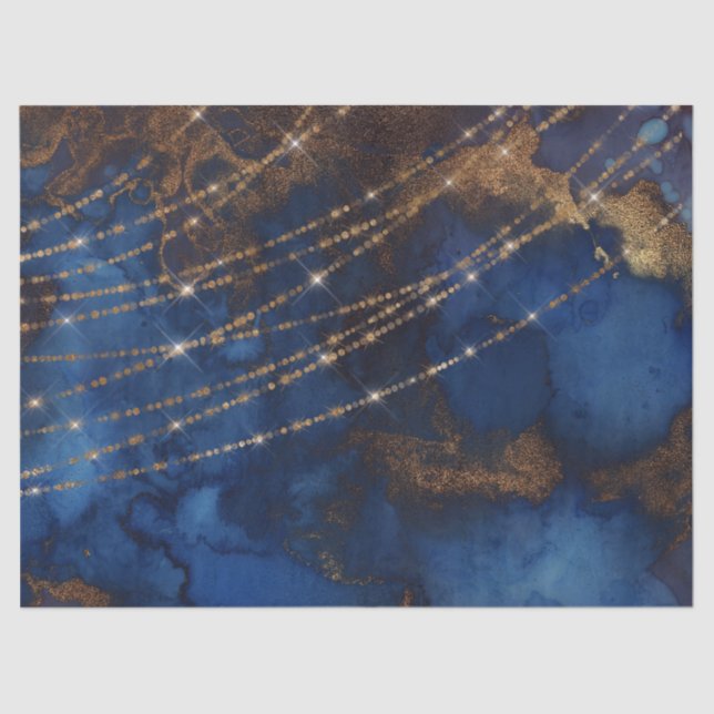 Gold Glitzer und String Lights auf Blue Decoute Seidenpapier (Vorderseite)
