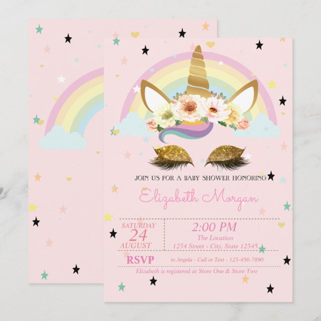 Gold Glitzer Unicorn Bläserrasen Baby Dusche Einladung (Vorne/Hinten)
