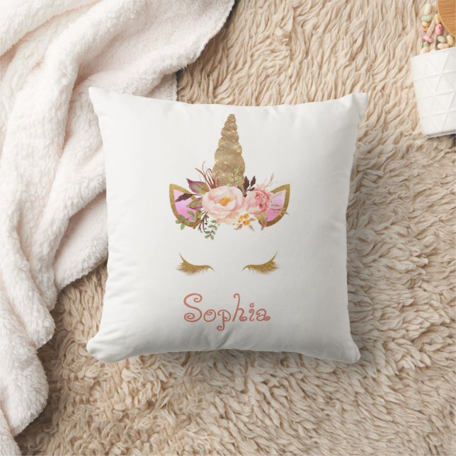 Gold Glitzer Unicorn Face Kid's name Throw Kissen (Decke)