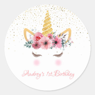 Gold-Glitzer Unicorn - Horn - Birthday Baby Runder Aufkleber