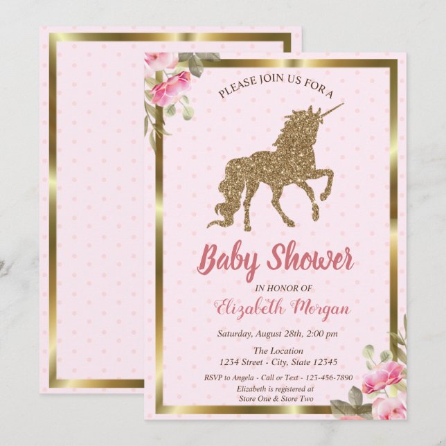 Gold Glitzer Unicorn Polka Dots, Blumenkinderdusch Einladung (Vorne/Hinten)