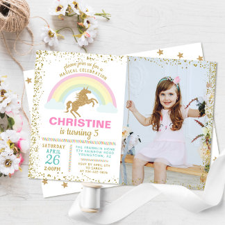 Gold Glitzer Unicorn Rainbow Birthday Foto Einladung
