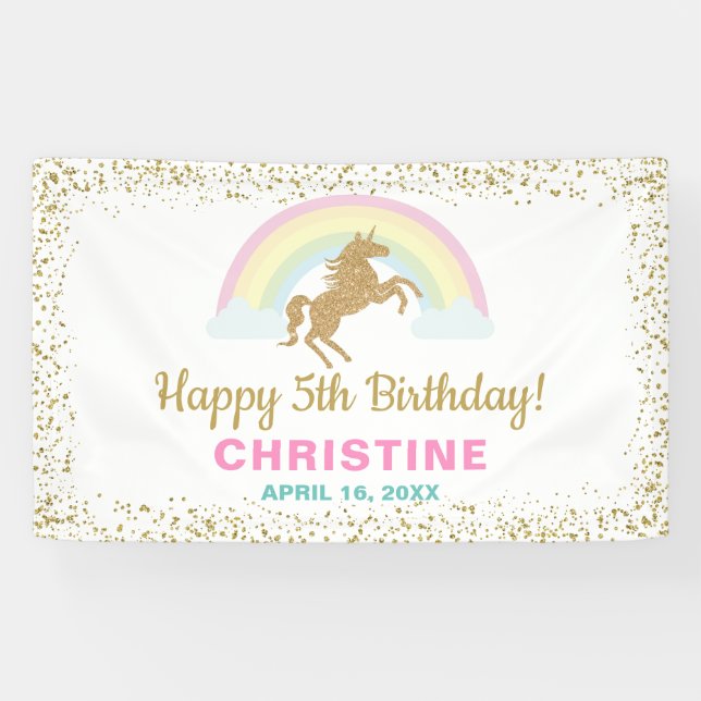 Gold Glitzer Unicorn Rainbow Birthday Party Banner (Horizontal)