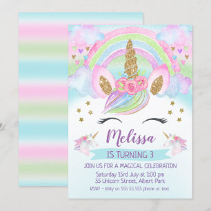 Gold Glitzer Unicorn Rainbow - Einladung zum Gebur