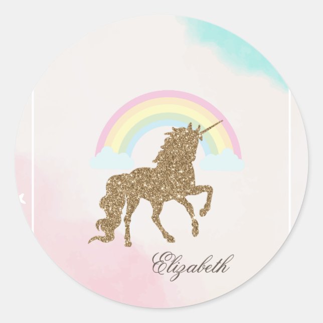Gold Glitzer Unicorn, Regenbogen Runder Aufkleber (Vorderseite)