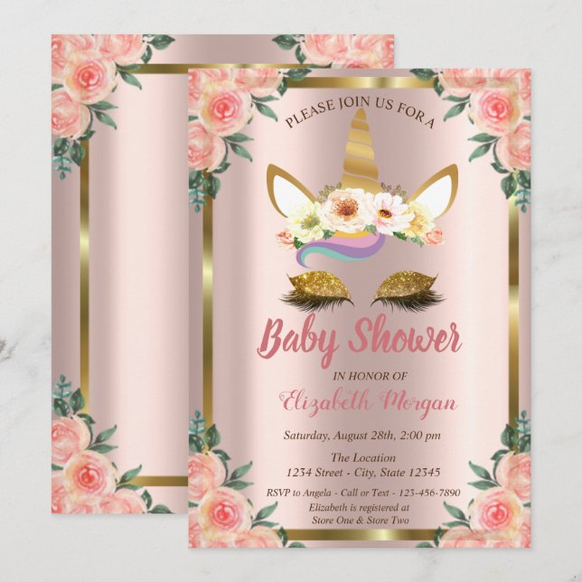 Gold Glitzer Unicorn Rose Crown Baby Shower Invit Einladung (Vorne/Hinten)