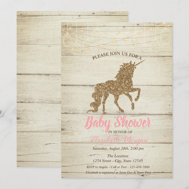 Gold Glitzer Unicorn Wood Texture Baby Dusche Einladung (Vorne/Hinten)