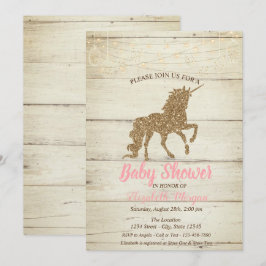 Gold Glitzer Unicorn Wood Texture Baby Dusche Einladung