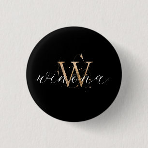 Gold Glitzer W Initial Script Name Modernes Elegan Button