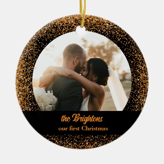 Gold Glitzer Wedding Couple Foto Keramik Ornament (Vorne)