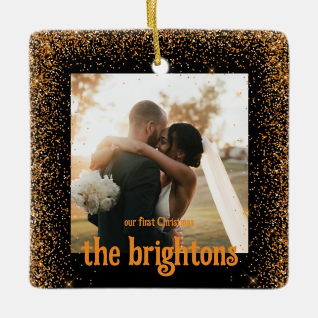 Gold Glitzer Wedding Couple Foto Keramikornament (Vorderseite)
