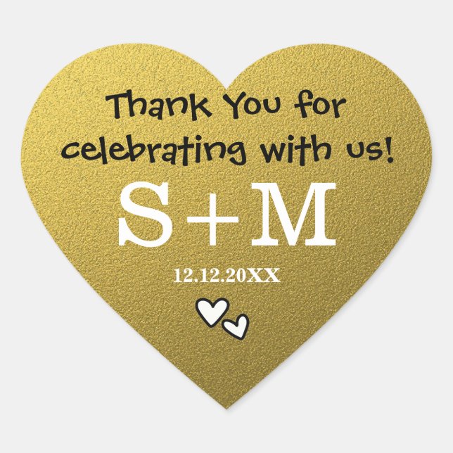 Gold Glitzer Wedding Danke Monogram Heart Herz-Aufkleber (Vorderseite)