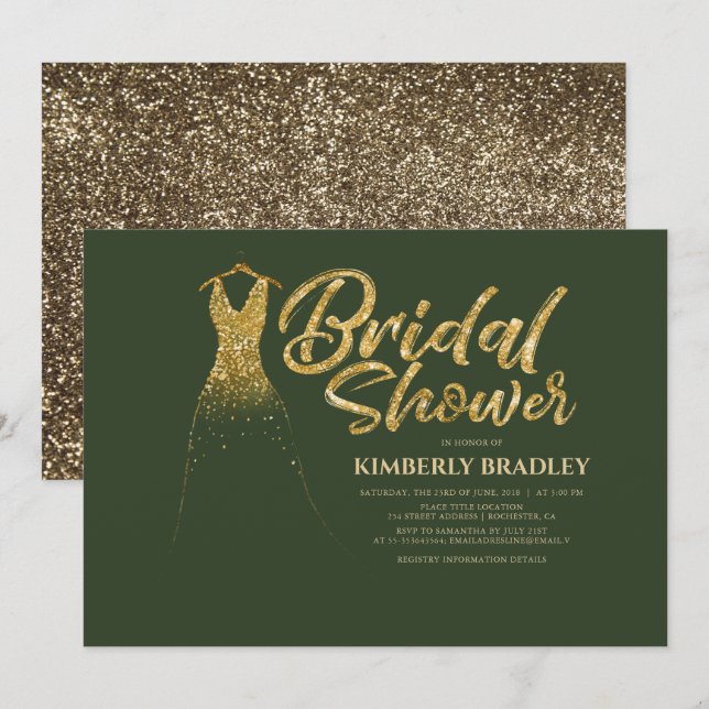 Gold Glitzer Wedding Dress Green Brautparty Einladung (Vorne/Hinten)